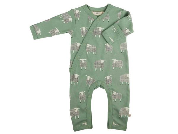 PIGEON Baby Strampler Kimono Romper grün mit Alloverdruck Schafe